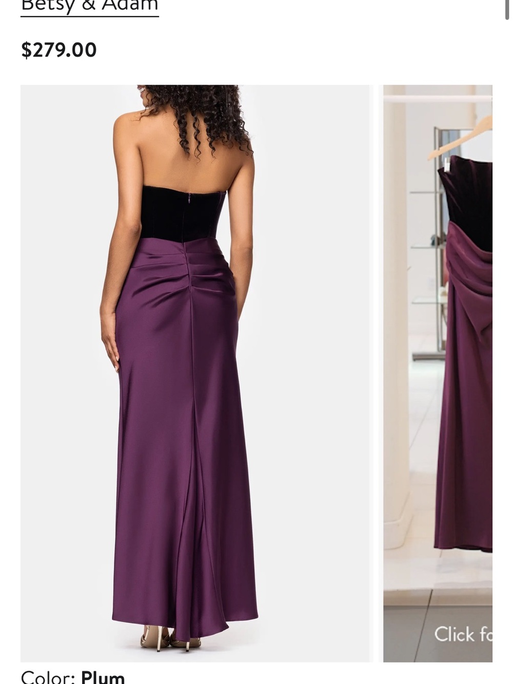Betsy & Adam Black Velvet and Plum Satin Strapless Gown